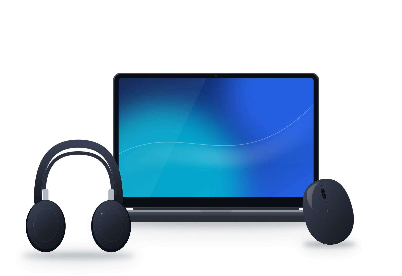 A laptop with headphones and a mouse